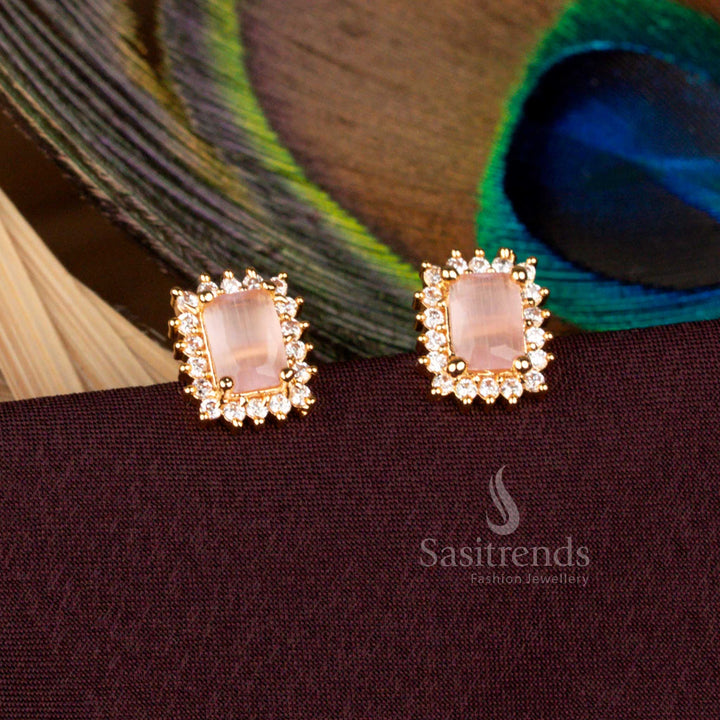 Graceful floral-inspired AD stud earrings crafted in micro gold plating with shimmering pink accents glowing like real gold, styled for bridal showers, haldi celebrations, and elegant party looks - Sasitrends