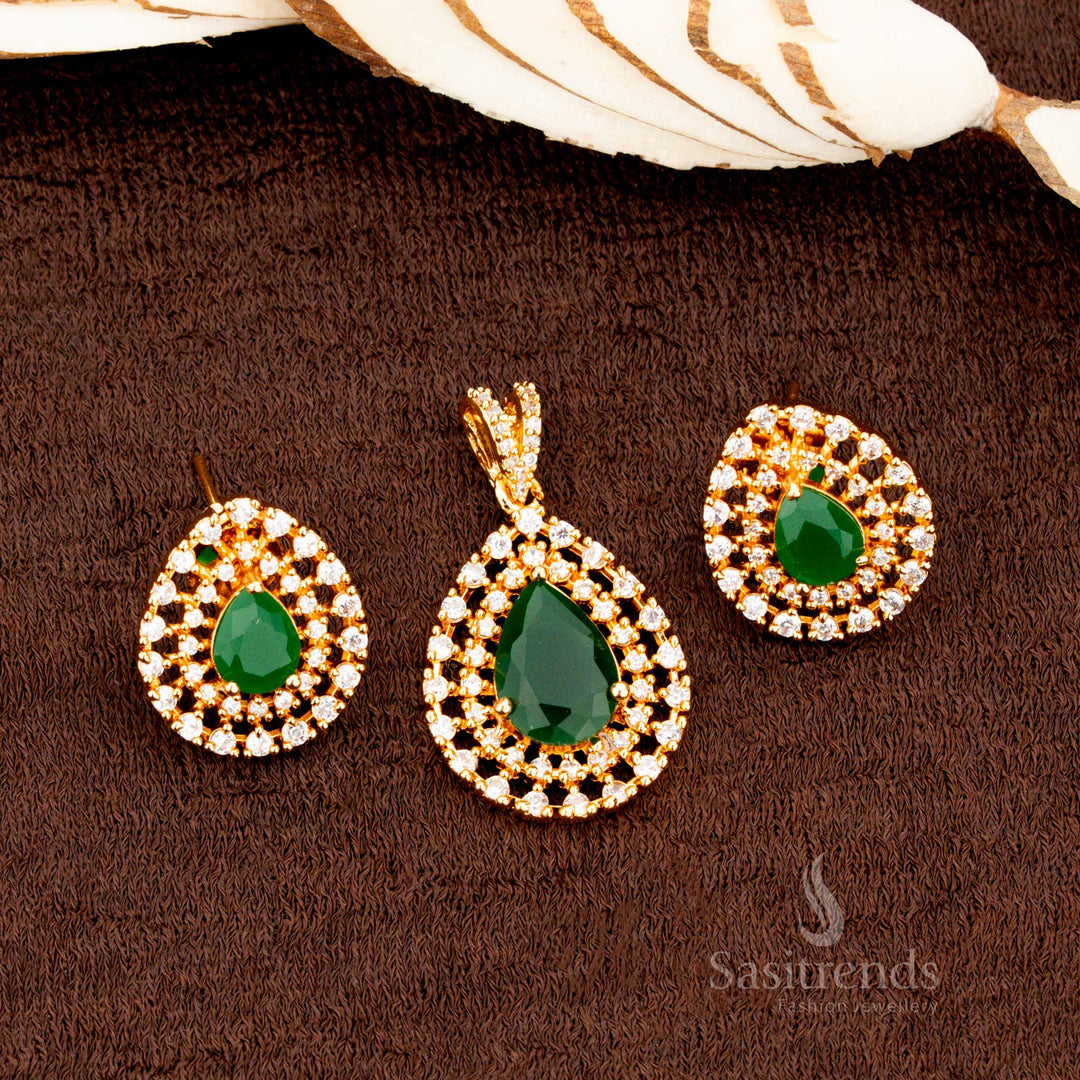 Handcrafted micro gold plated pendant set adorned with a green AD stone teardrop pattern, a timeless accessory for bridal elegance and traditional fashion - Sasitrends