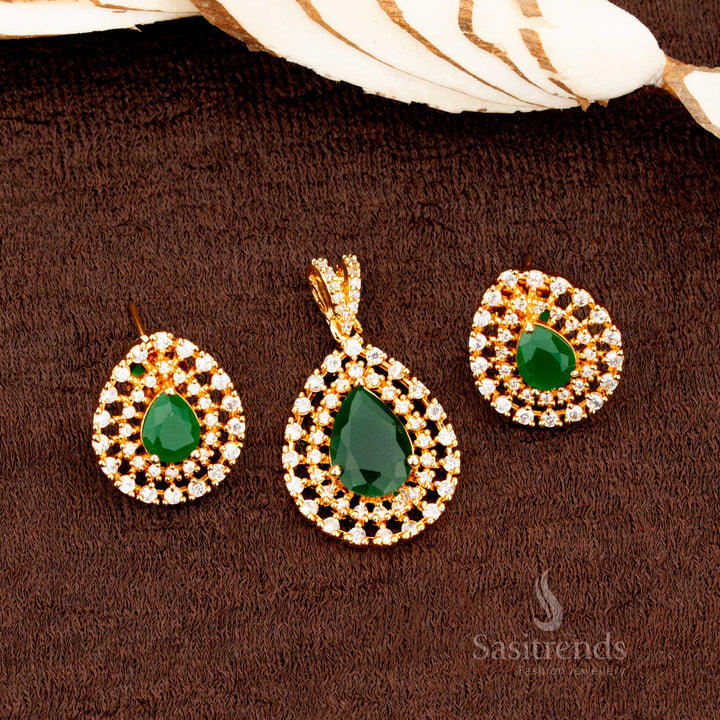 Handcrafted micro gold plated pendant set adorned with a green AD stone teardrop pattern, a timeless accessory for bridal elegance and traditional fashion - Sasitrends