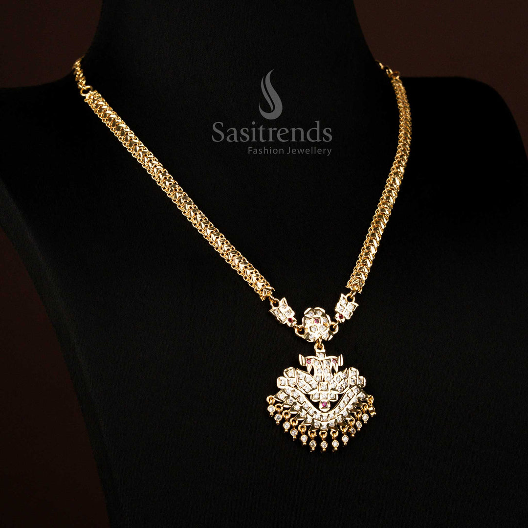 Traditional Impon Micro Gold Plated Attigai Necklace in White-Ruby with Intricate Ruby Detailing for Grand Festivals – Sasitrends