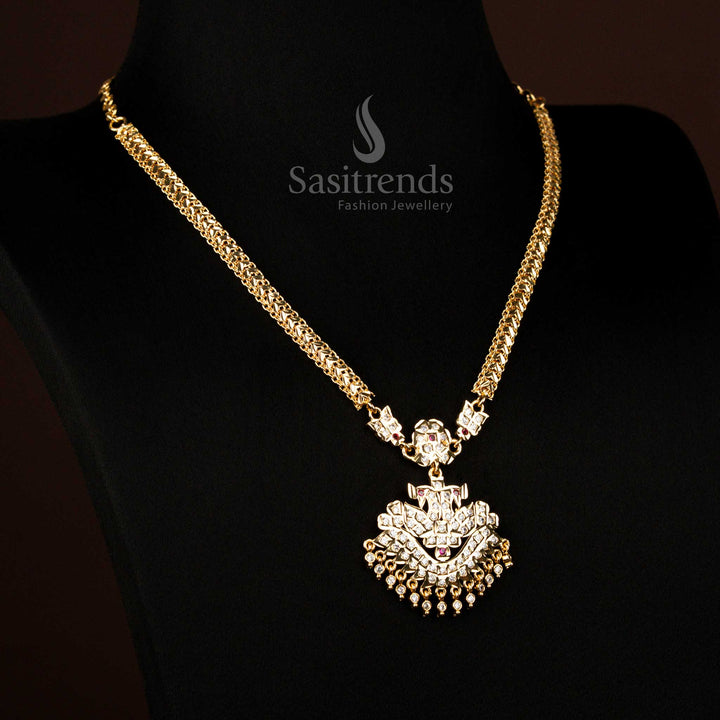 Traditional Impon Micro Gold Plated Attigai Necklace in White-Ruby with Intricate Ruby Detailing for Grand Festivals – Sasitrends