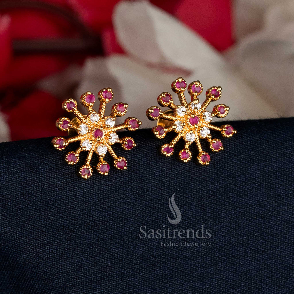Refined white-ruby AD stone starburst cluster stud earrings in micro gold with gemstone accents for bridal and ceremonial occasions – Sasitrends