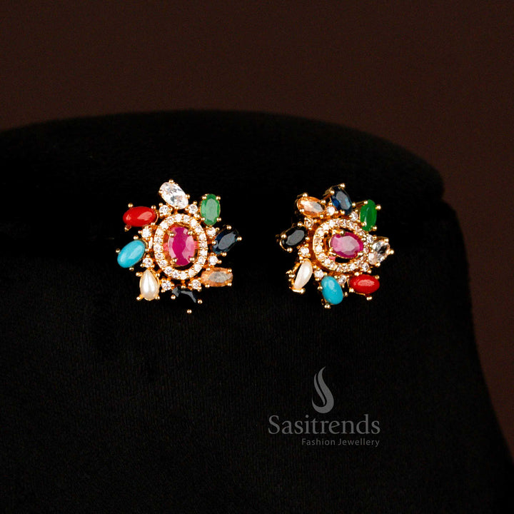 Noble micro gold plated American diamond oval stone earrings in navarathna for wedding and traditional occasions - Sasitrends