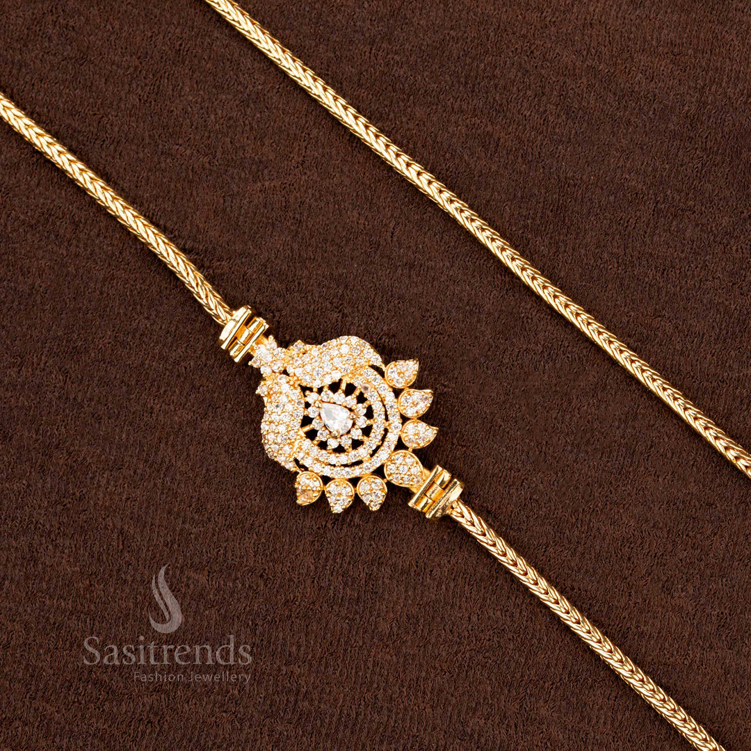 Royal white color micro gold plated Peacock Mugappu chain with an intricate double-side design, a premium jewellery piece for enhancing saree elegance - Sasitrends