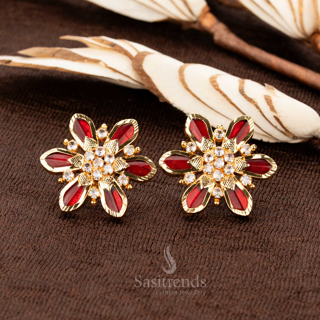 Stunning micro gold plated Kerala traditional 6 Nagapadam floral earrings, featuring deep red Palakka stones with dazzling AD embellishments, a captivating jewellery piece for bridal and ethnic wear - Sasitrends