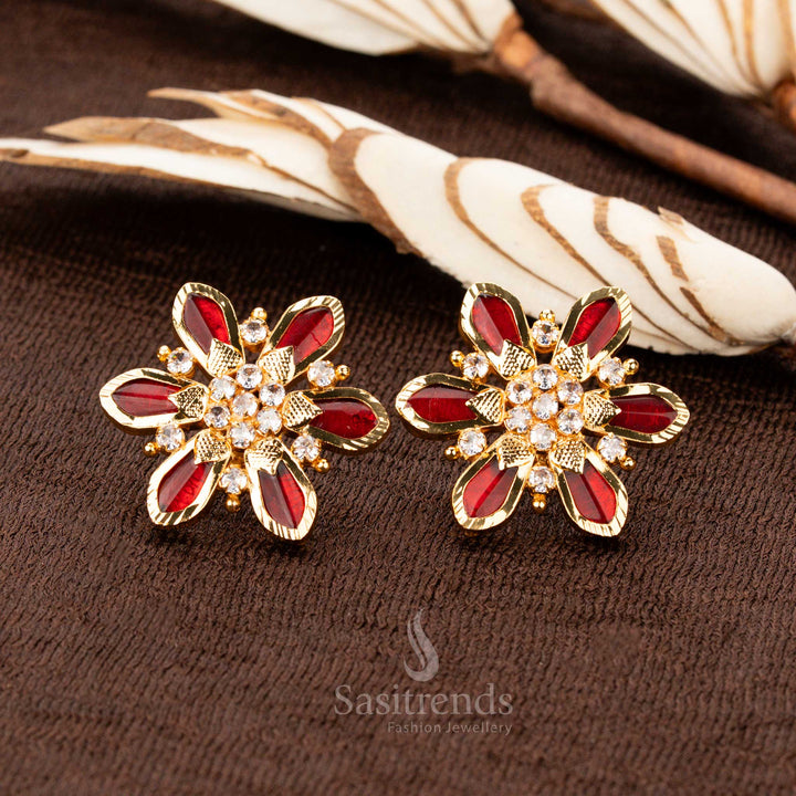 Stunning micro gold plated Kerala traditional 6 Nagapadam floral earrings, featuring deep red Palakka stones with dazzling AD embellishments, a captivating jewellery piece for bridal and ethnic wear - Sasitrends