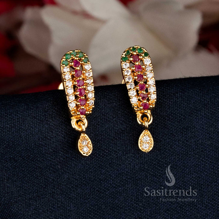 Colorful Micro Gold Rectangular AD Stone Drop Earrings with traditional-inspired motifs, perfect for ceremonial wear, temple visits, and wedding festivities — Sasitrends