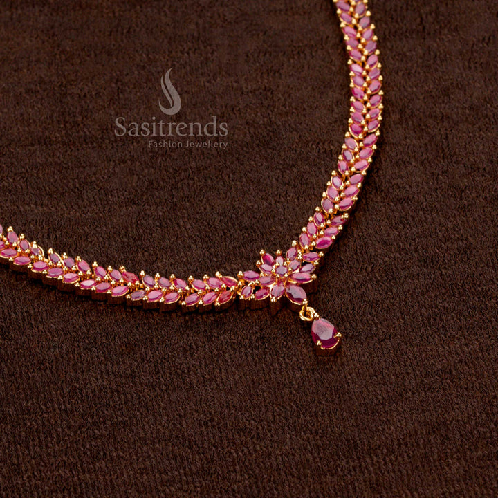 One Gram Jewellery Leaf Cluster Necklace Set with 24-Carat Pure Gold Plating, Marquise Stone and Matching Teardrop Design – Sasitrends