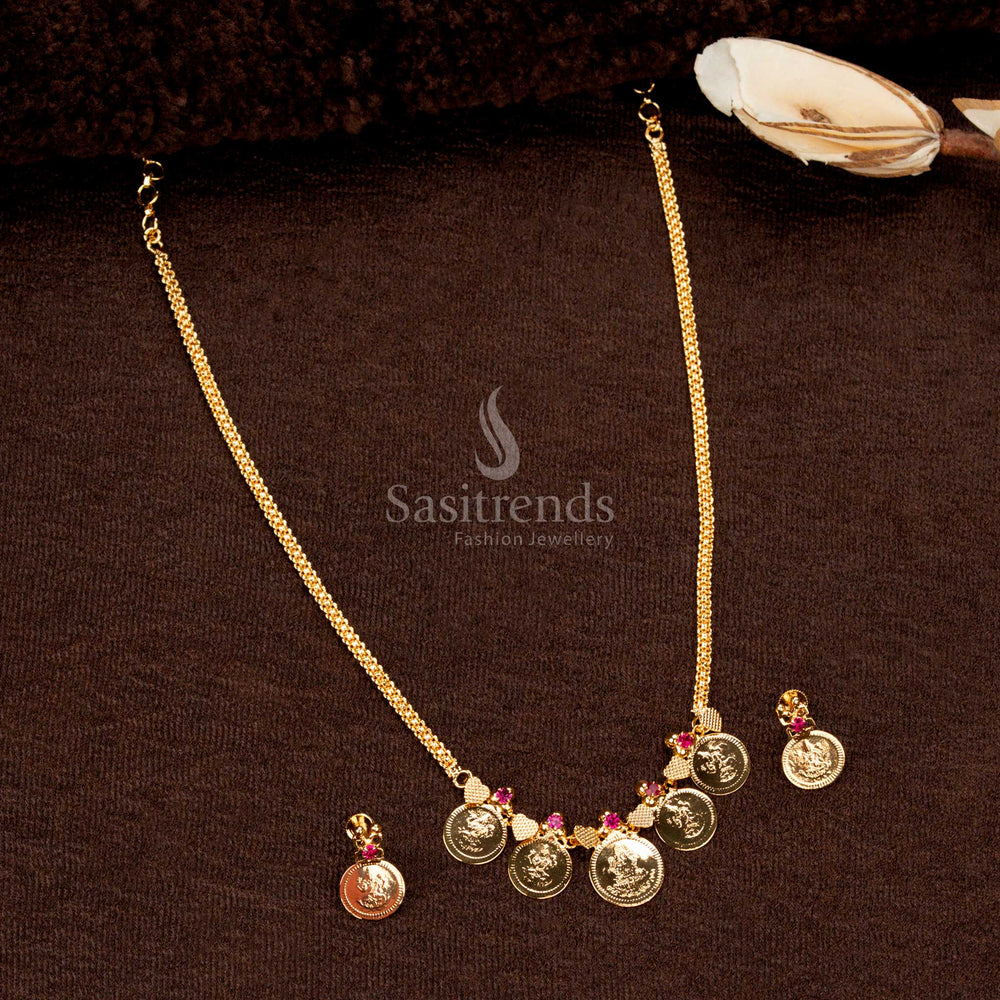 One Gram Jewellery Lakshmi Coin Necklace and Earrings with 24-Carat Pure Gold Plating, Central Large Coin, AD Stone Details – Sasitrends
