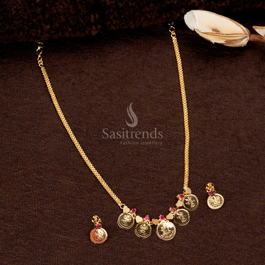 One Gram Jewellery Lakshmi Coin Necklace and Earrings with 24-Carat Pure Gold Plating, Central Large Coin, AD Stone Details – Sasitrends