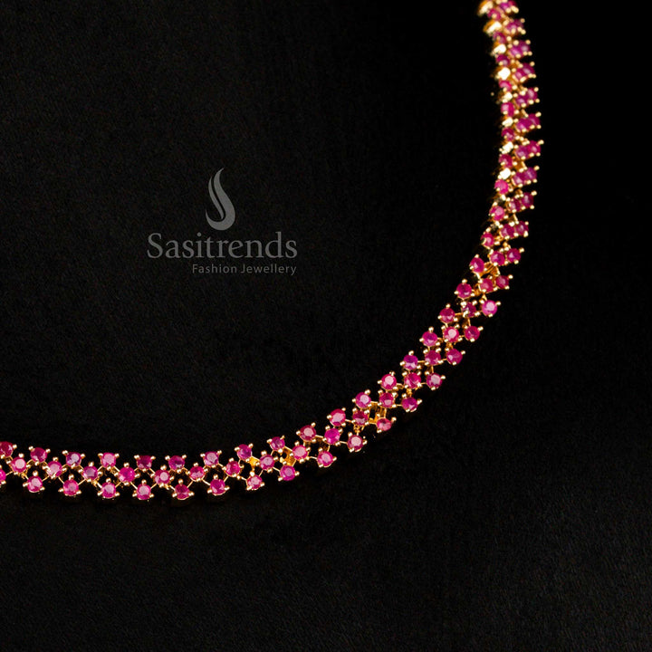 Sophisticated American Diamond Micro Gold Plated Criss Cross Necklace Set With Ruby Stones Wedding Jewellery – Sasitrends