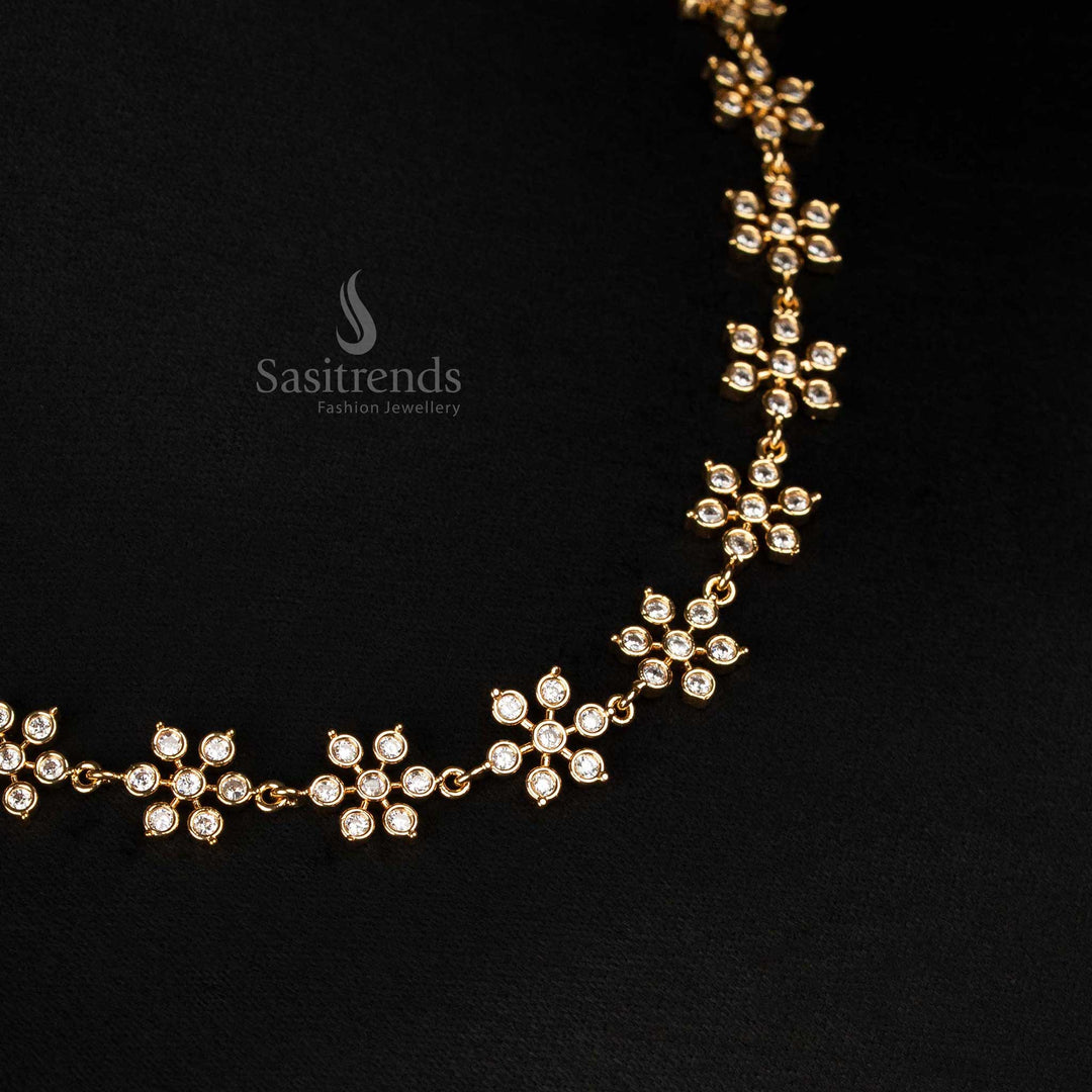 Glamorous Full White American Diamond Micro Gold Plated Floral Necklace Jewellery Set With Dense Stone Setting And Authentic Gold Like Lustre - Sasitrends