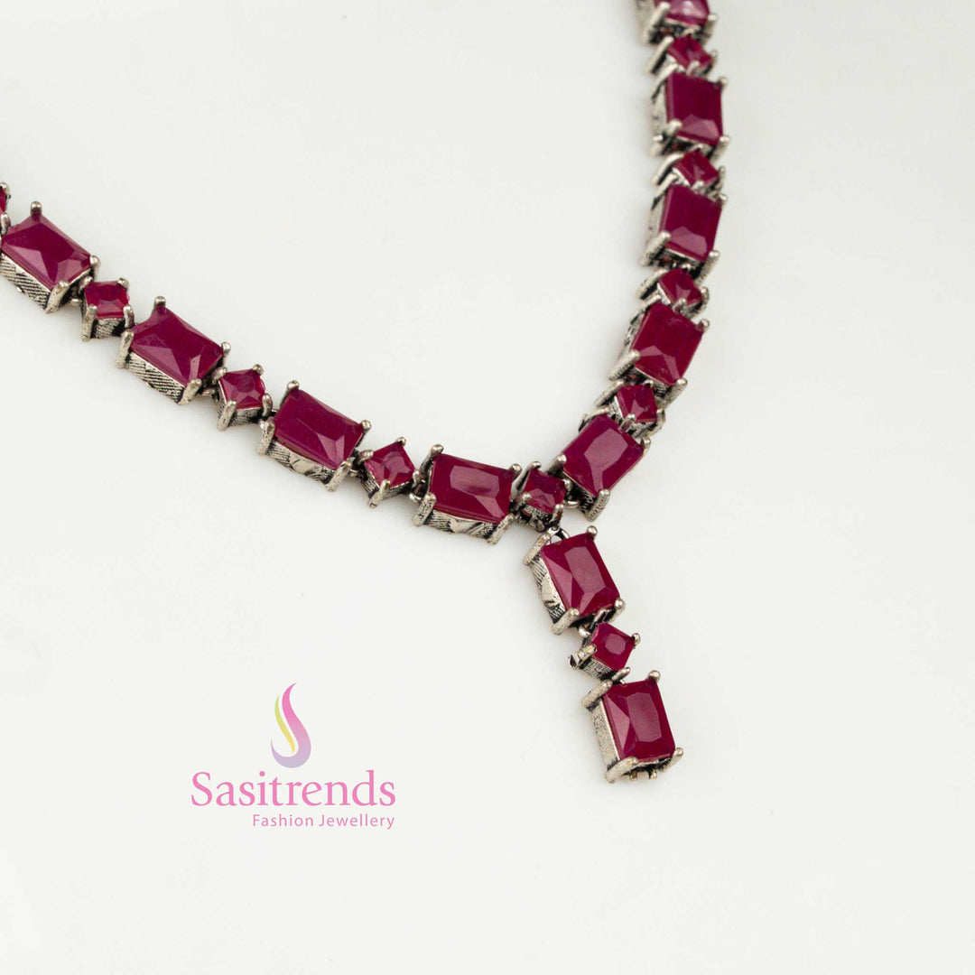 Elegant Oxidised Silver Ruby Stone Rectangular Necklace Jewellery Set, a perfect match for Navaratri fashion and festive parties – Sasitrends