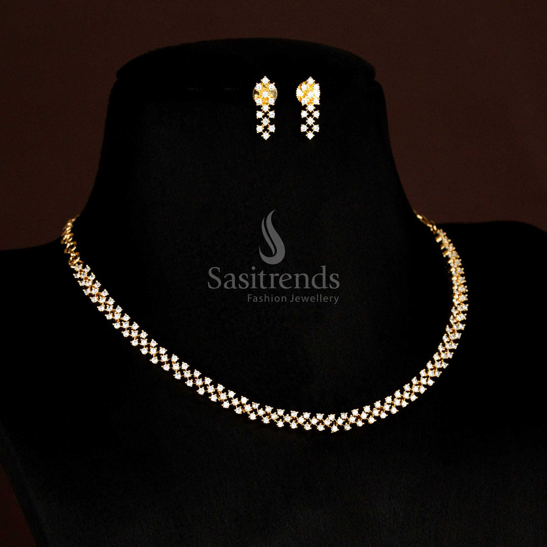 Luxurious American Diamond Gold Plated Necklace Set With Sparkling White Stones In Modern Criss Cross Design And Micro Gold Shine By Sasitrends