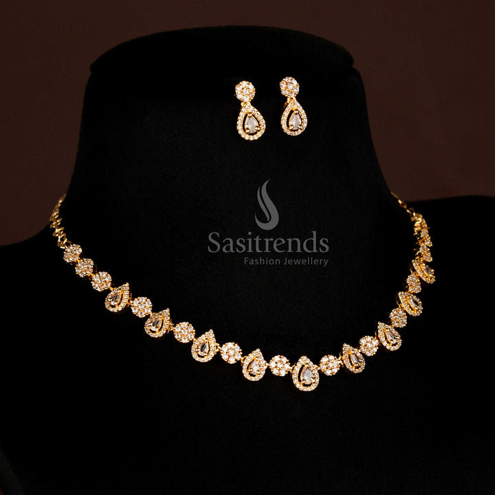 Luxurious Full White American Diamond Micro Gold Plated Necklace Jewellery Set | Party Wear