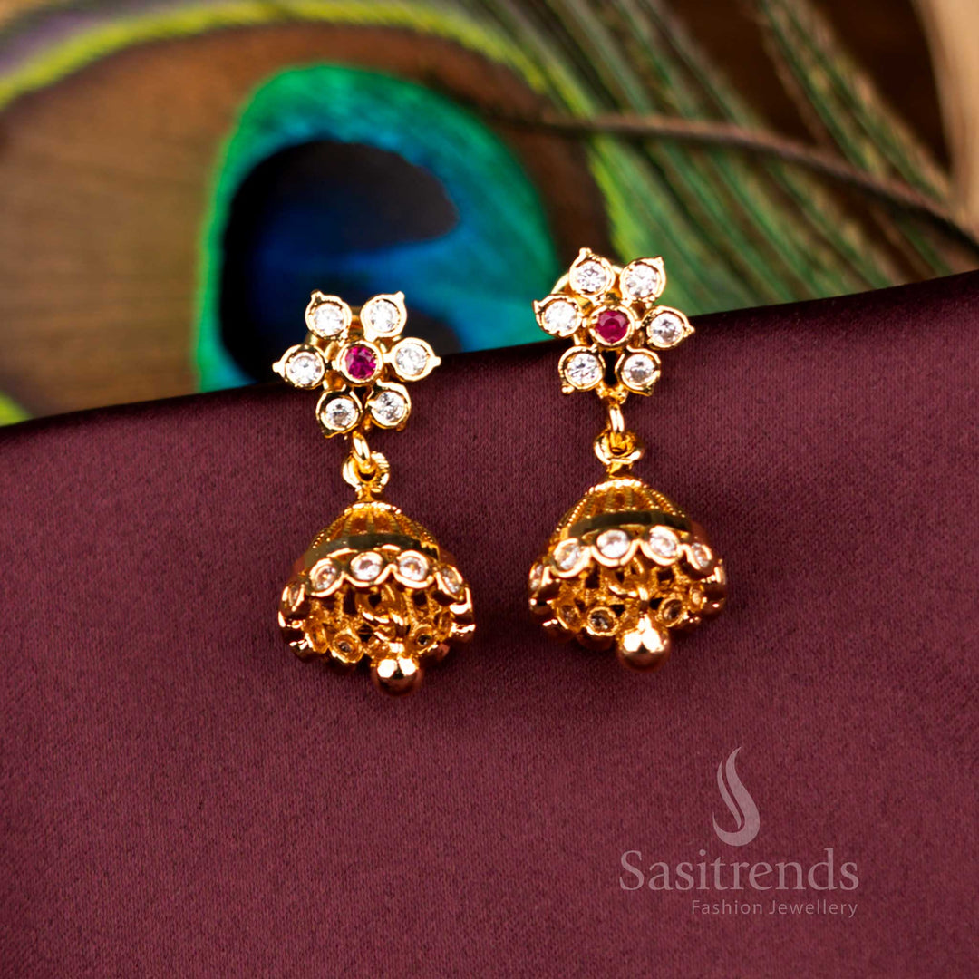 Royal Handcrafted One Gram Micro Gold Finish White With Ruby Impon Floral Jhumka Earrings Perfect For Bridal And Cultural Occasions - Sasitrends