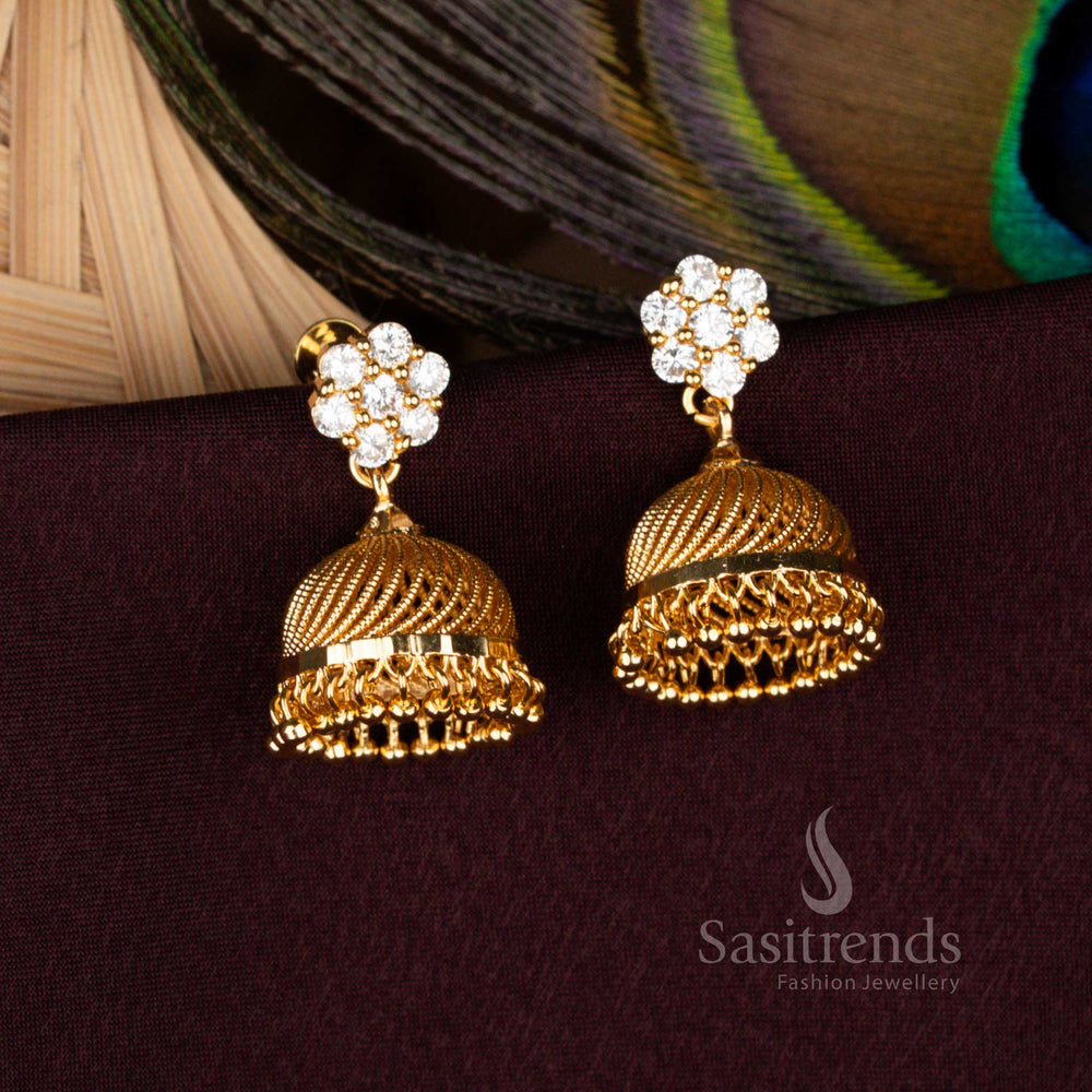 Royal One Gram Micro Gold Finish White Floral Jhumka Earrings Perfect For Bridal And Cultural Occasions - Sasitrends