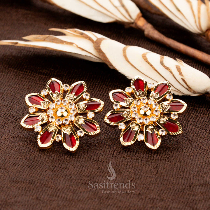 Vintage temple-inspired micro gold plated earrings with radiant red Palakka Nagapadam floral detailing, enhanced with AD highlights, an exquisite jewellery selection for cultural occasions - Sasitrends