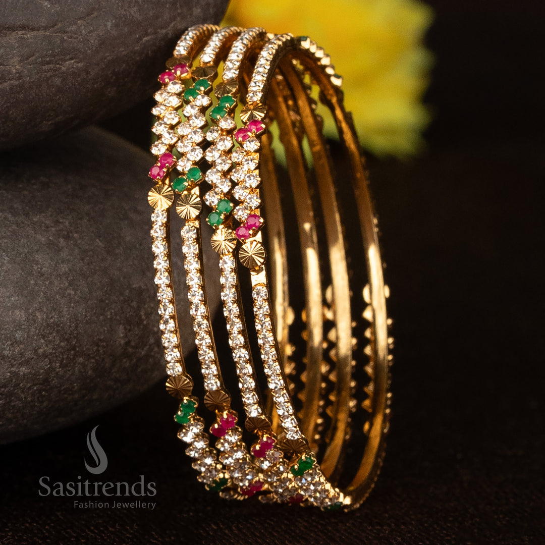 Elegant Micro Gold Plated Flower Engraved Stone Bangles with Intricate Lattice Pattern—a colourful multi-tone traditional jewellery set designed for ethnic charm and graceful occasions – Sasitrends