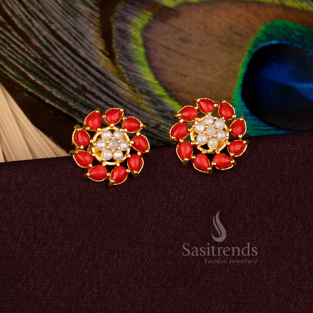 Stylish Ethnic Pavalam And Pearl Earrings In Gold Plated Floral Screw Type Design For Classic Celebrations - Sasitrends