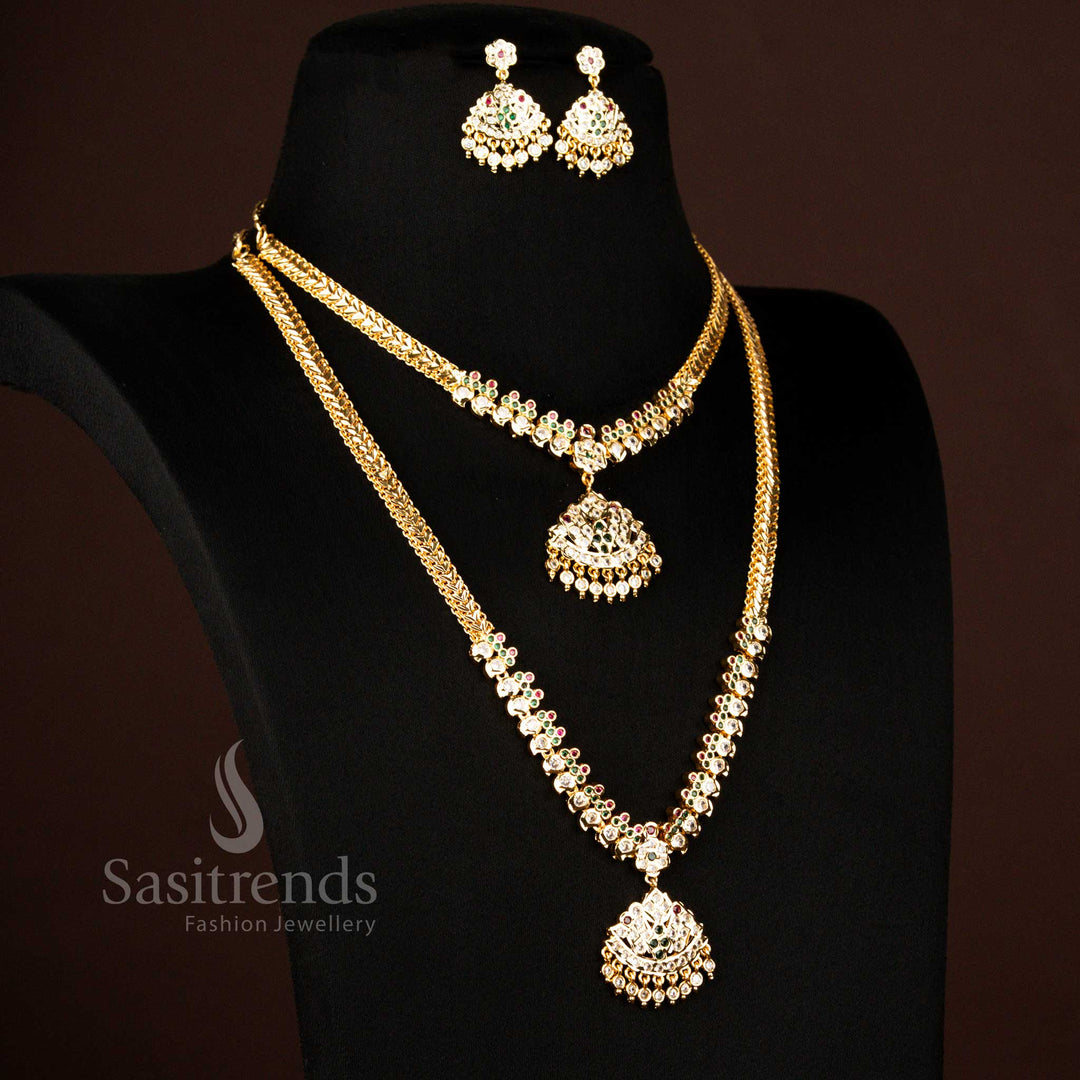 Guaranteed Impon Addigai Micro Gold Plated Multi Stones Short Long Combo Necklace And Earrings With Floral Dome Designed For Traditional Wear - Sasitrends
