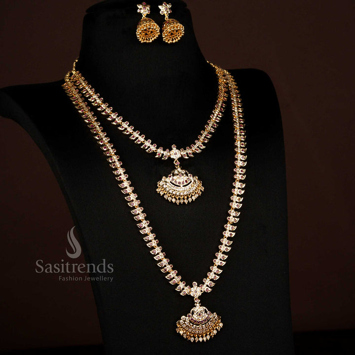 Traditional Impon Addigai One Gram Micro Gold Plated White-Ruby Mango Design Short Long Combo Set With Jhumka Earrings Perfect For Wedding And Traditional Wear - Sasitrends