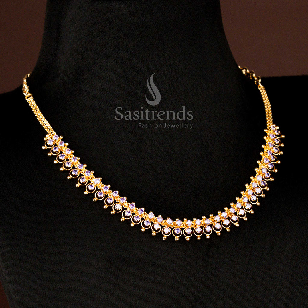 Elegant Handcrafted Micro Gold Plated Purple Layered AD Stone Necklace Featuring Multi Row Circular Pattern Ideal For Bridal And Festive Occasions - Sasitrends
