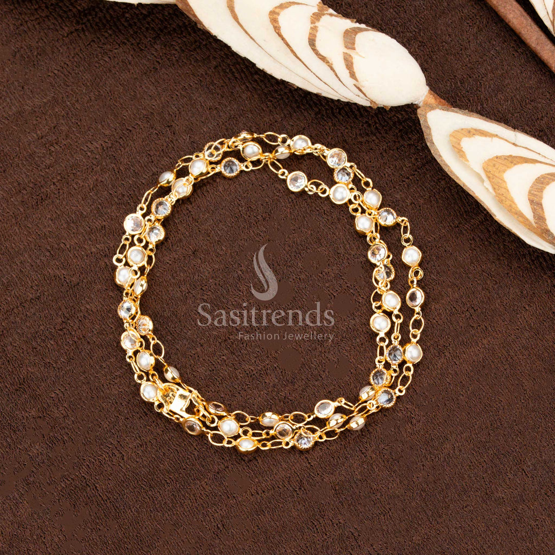 Royal Micro Gold Plated Dual Strand Necklace With Lustrous Pearls And Glittering AD Stones For Festive Look Jewellery - Sasitrends