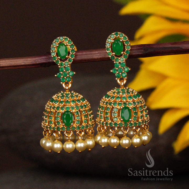 Elegant Green Stone Micro Gold Plated Jhumka Earrings With Multi Gem Pearl Dropping And Intricate Leaf Pattern Traditional Jewellery - Sasitrends