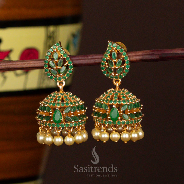 Elegant Green Stone Micro Gold Plated Leaf Pattern Jhumka Earrings With Pearls And Traditional Cluster Design Jewellery - Sasitrends