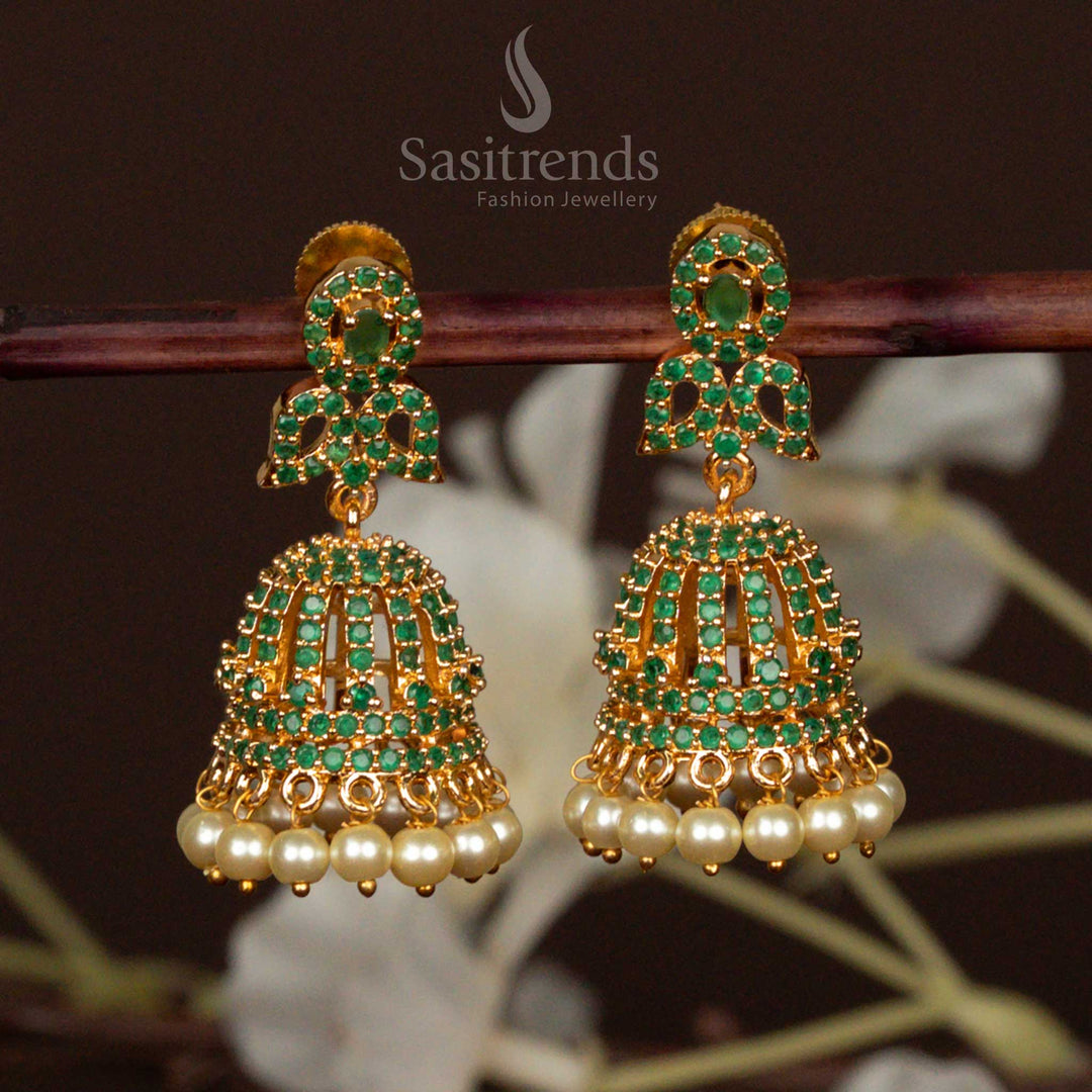 Elegant Green American Diamond Micro Gold Plated Jhumka Earrings With Pearls And Classic Leaf Mango Motif Jewellery For Occasions - Sasitrends
