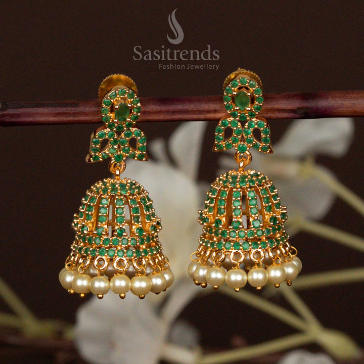 Elegant Green American Diamond Micro Gold Plated Jhumka Earrings With Pearls And Classic Leaf Mango Motif Jewellery For Occasions - Sasitrends