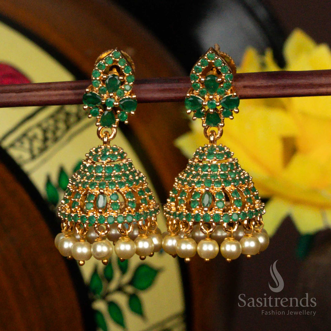 Elegant Green American Diamond Micro Gold Plated Jhumka Earrings With Pearls And Intricate Leaf Pattern Traditional Jewellery - Sasitrends