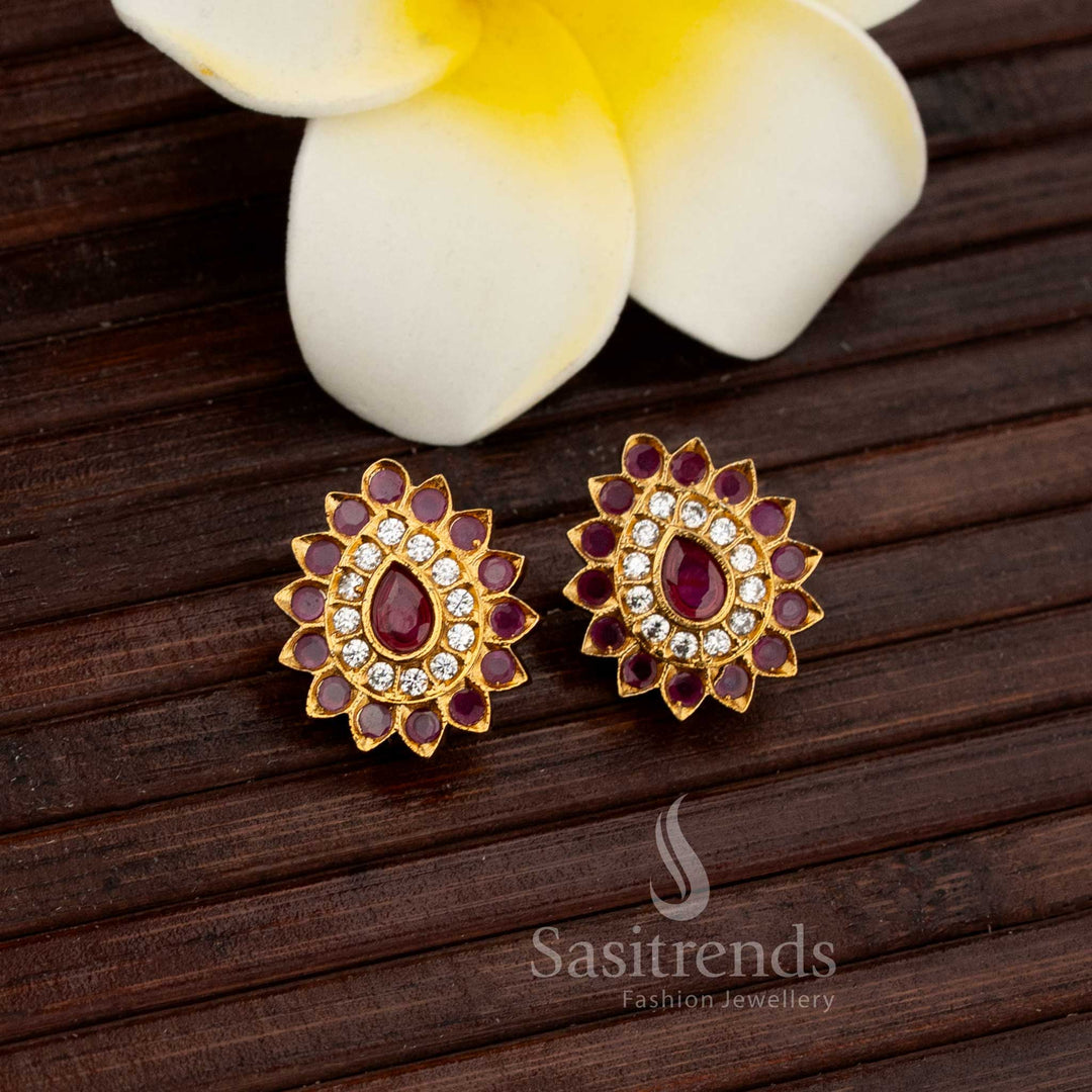 Heritage Matte Gold Teardrop Stud Earrings With American Diamond Stones And Delicate Artistic Design – Luxurious Jewellery Set For Ethnic Fashion Lovers - Sasitrends