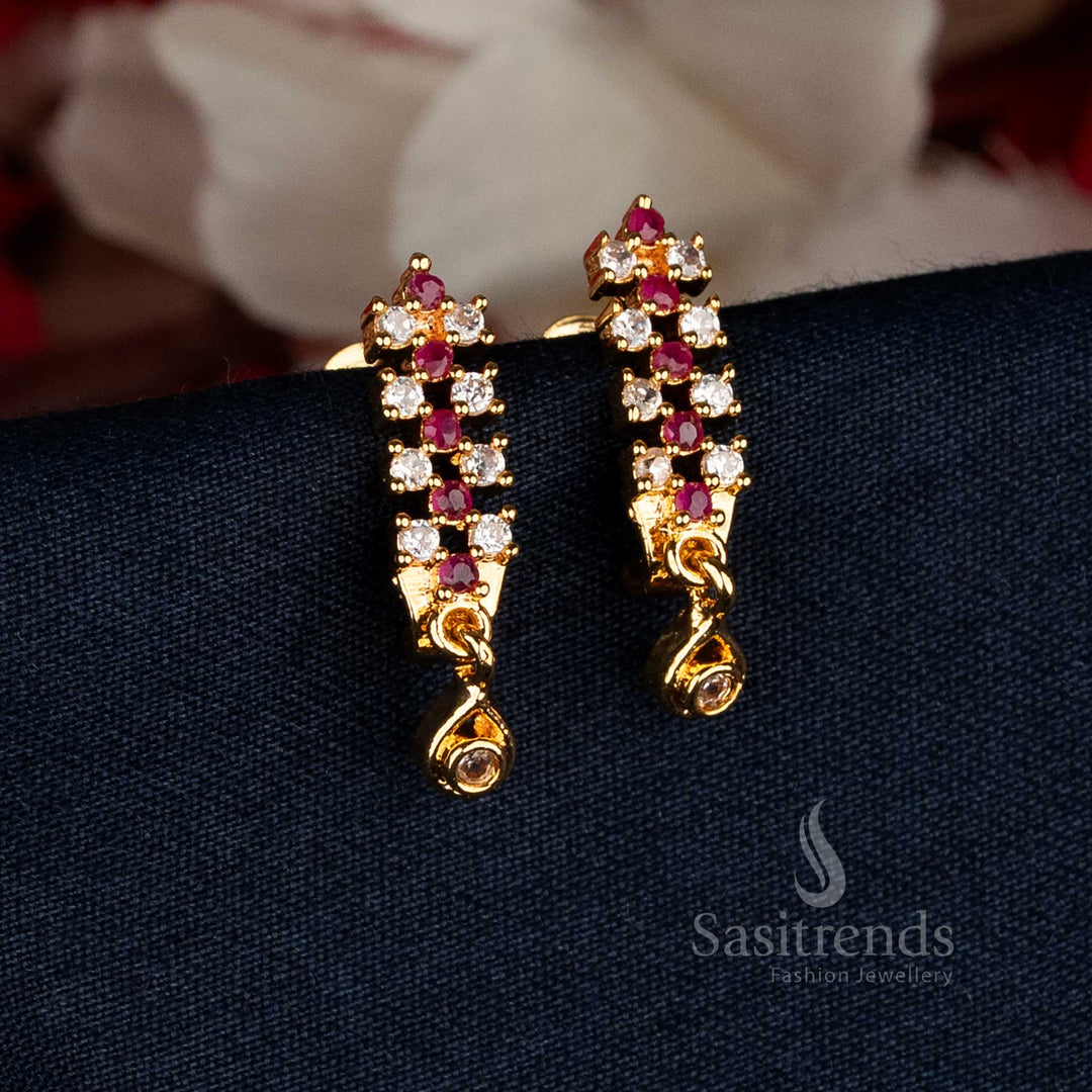 Elegant White-Ruby Micro Gold Plated Long Drop AD Earrings with lustrous finish, ideal for cultural gatherings and temple events — Sasitrends