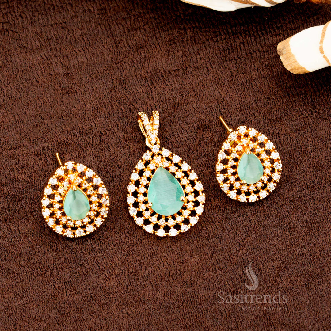 Charming micro gold plated teardrop pendant set featuring refreshing mint AD stones, a stylish jewellery piece for festive occasions, saree styling, and cultural events - Sasitrends