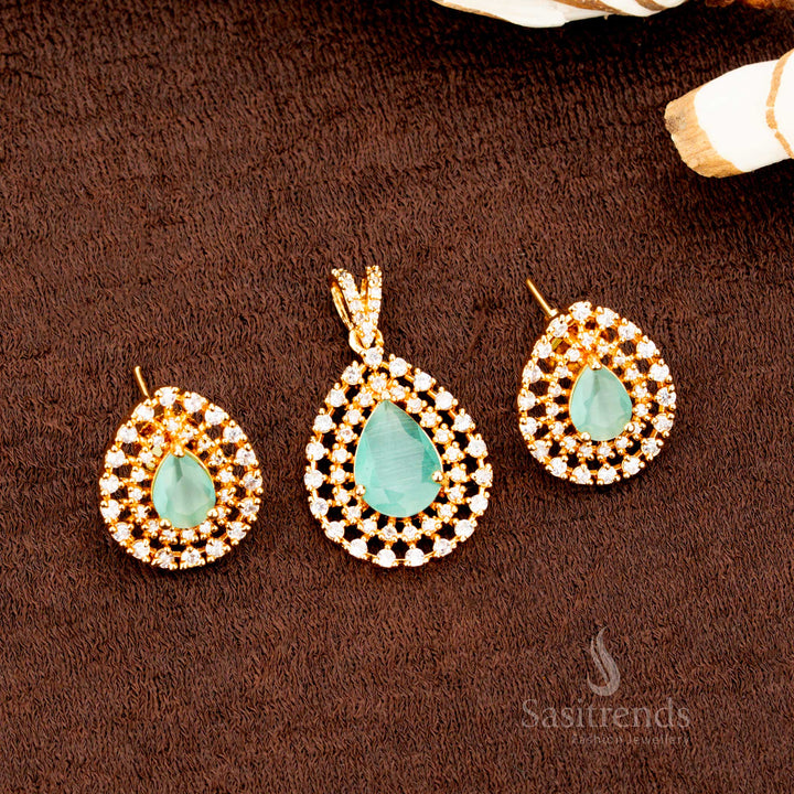 Charming micro gold plated teardrop pendant set featuring refreshing mint AD stones, a stylish jewellery piece for festive occasions, saree styling, and cultural events - Sasitrends