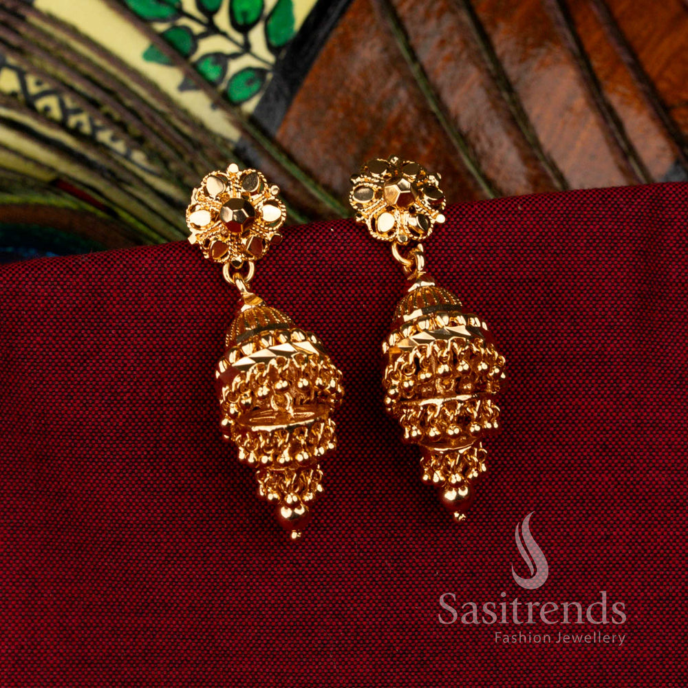 Micro Gold Plated Triple Step Temple Jhumka Earrings for Bridal and Cultural Events – Sasitrends