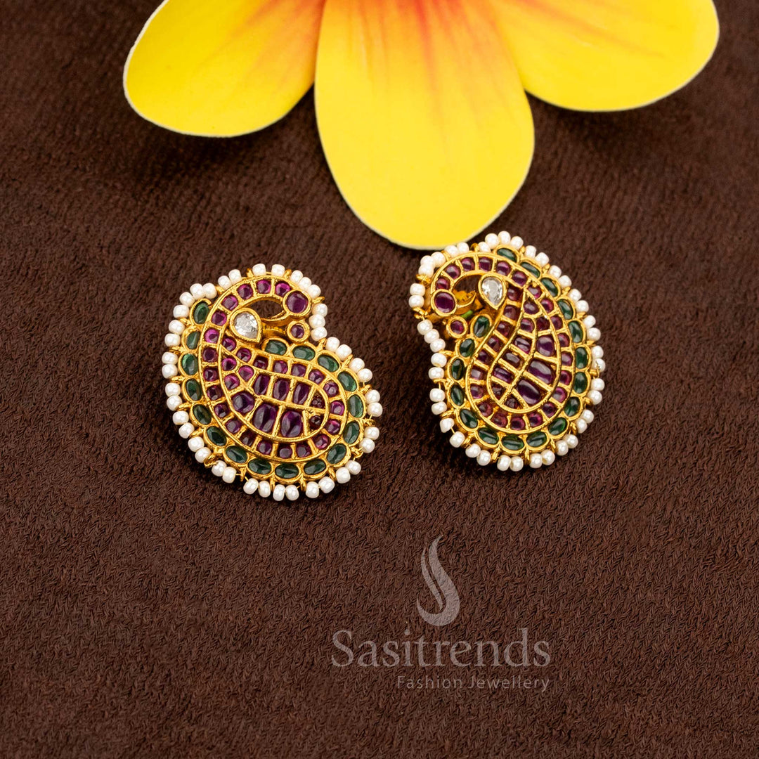 Majestic multi hue AD paisley earrings with matte gold plating, designed for traditional bridal wear and festive elegance – Sasitrends