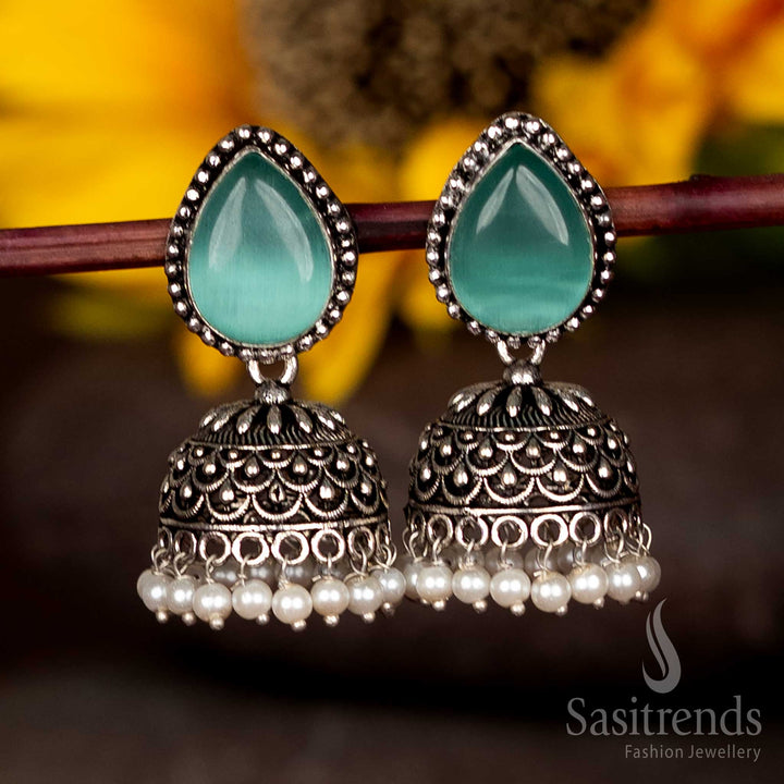 Oxidised Jhumka Earrings with Teardrop Faceted Stud and Pearl Fringe For Beautiful Events - Sasitrends