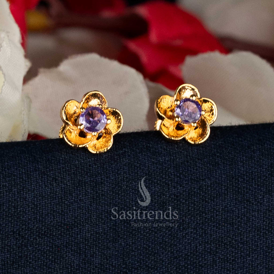 Ornate purple Impon Addigai micro gold plated floral solitaire AD stone stud earrings reflecting timeless elegance for cultural celebrations – Sasitrends