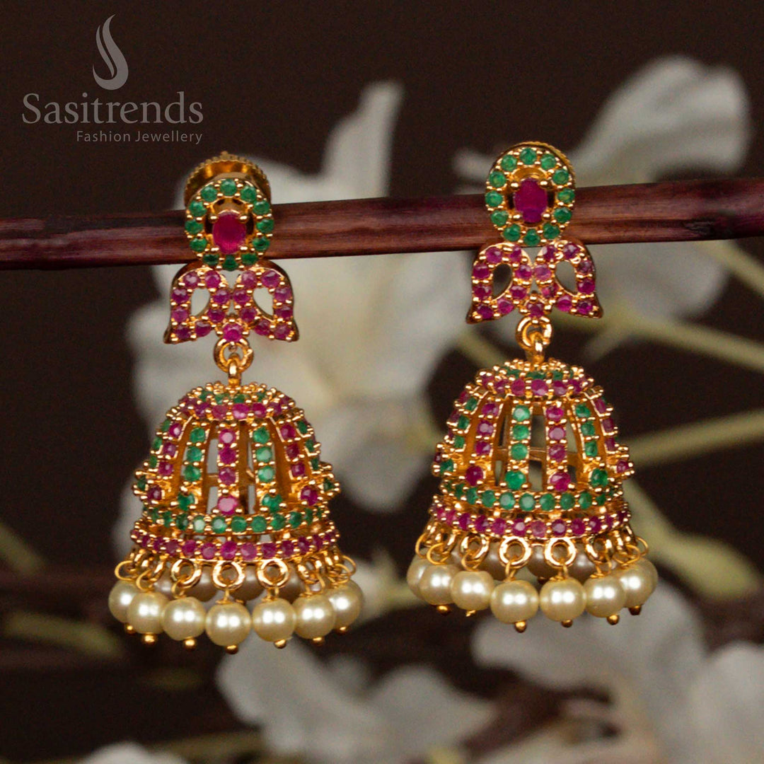 Vibrant Ruby Green American Diamond Micro Gold Plated Jhumka Earrings With Pearls And Dual Tone Mango Leaf Design Traditional Jewellery - Sasitrends