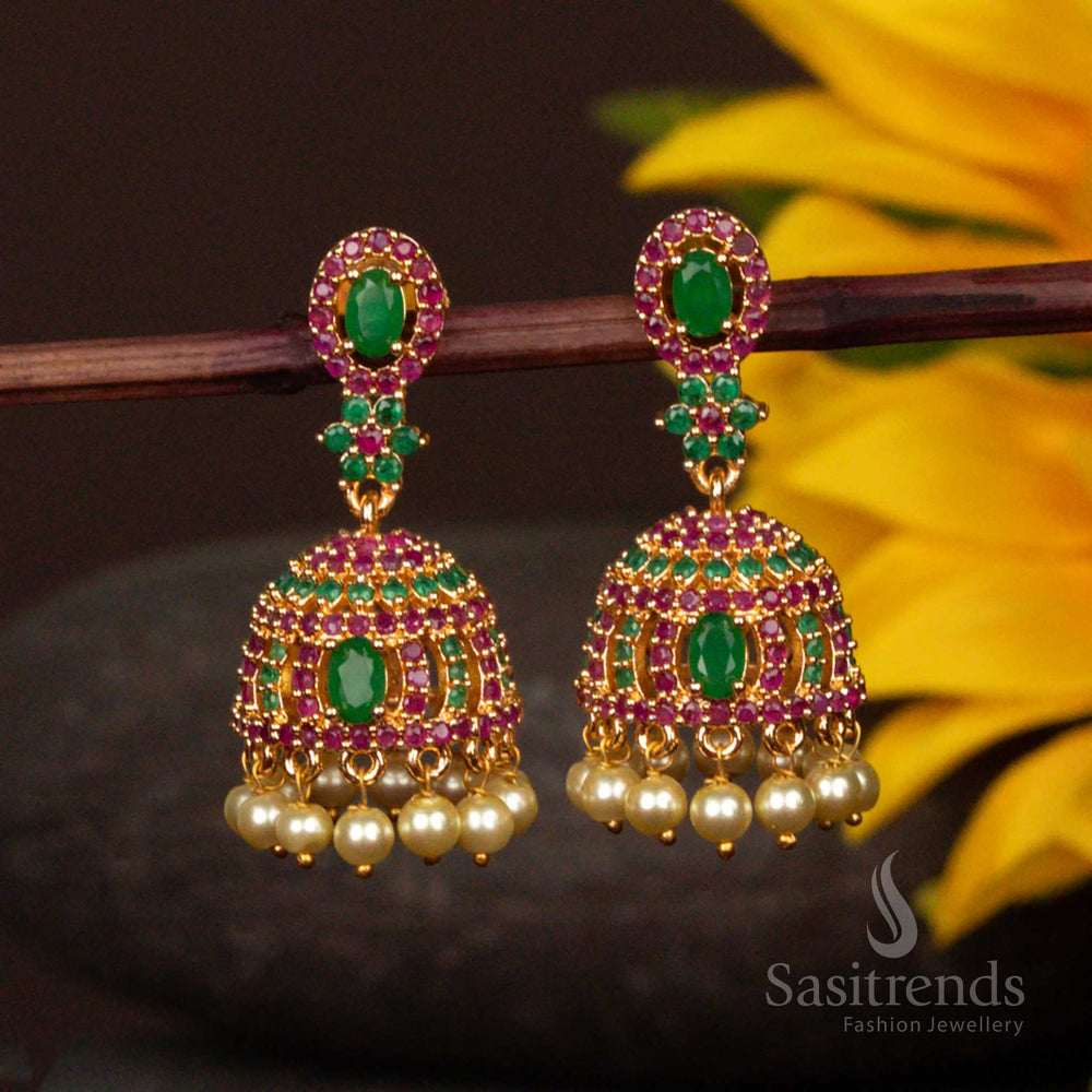 Vibrant Ruby Green Micro Gold Plated Jhumka Earrings With Multi Gem Pearl Dropping And Dual Tone Leaf Floral Design Traditional Jewellery - Sasitrends