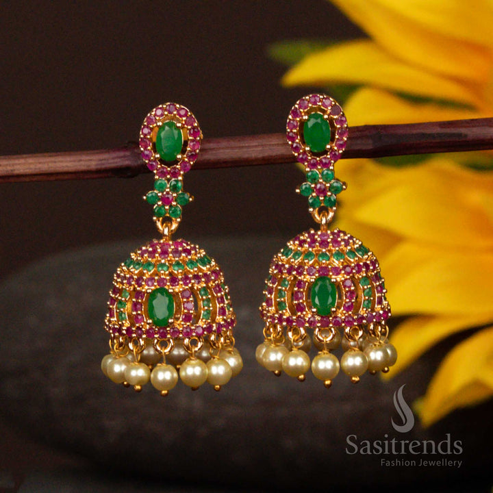 Vibrant Ruby Green Micro Gold Plated Jhumka Earrings With Multi Gem Pearl Dropping And Dual Tone Leaf Floral Design Traditional Jewellery - Sasitrends