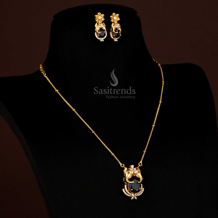 Exquisite Temple Matte Gold Plated Elephant Pendant Chain With Earrings Blue Stone Jewellery Perfect For Festive Functions By Sasitrends