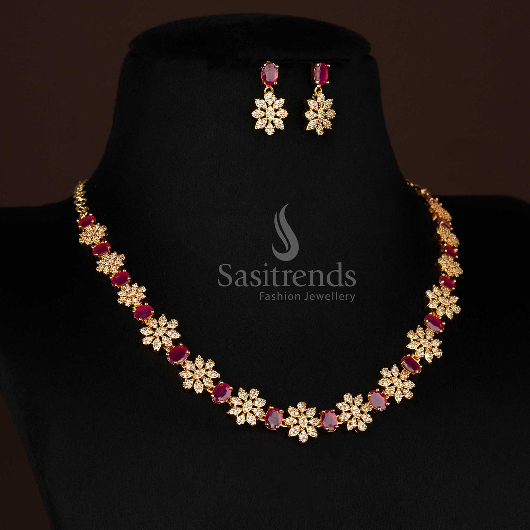 Elegant bridal jewellery set in white-ruby tones with floral clusters and American diamonds in micro gold finish for stunning wedding wear – Sasitrends