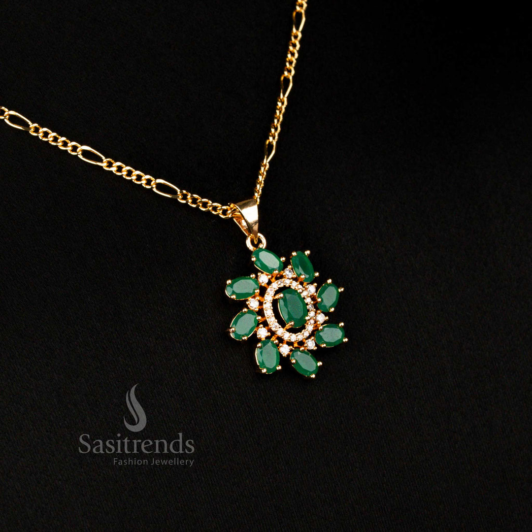 Charming micro gold plated American diamond oval stone pendant chain necklace in green with earrings for festive and wedding wear - Sasitrends