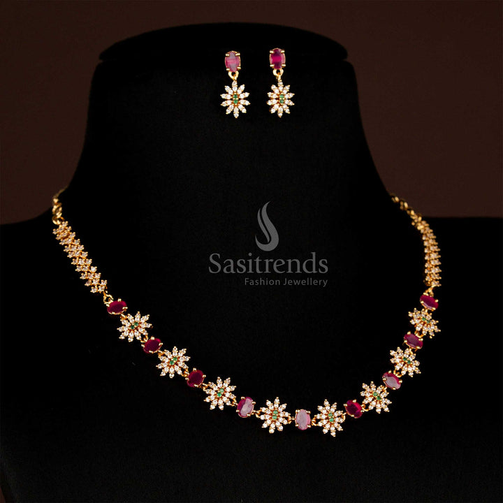 Traditional Micro Gold Plated American Diamond Floral Necklace Jewellery Set with Oval Stones
