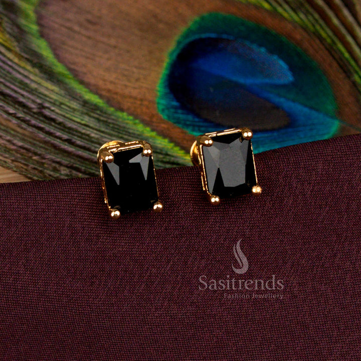 Grand micro gold plated rectangular AD stud earrings in bold black finish with 24 carat pure gold look created for weddings, temple festivals, and party wear - Sasitrends
