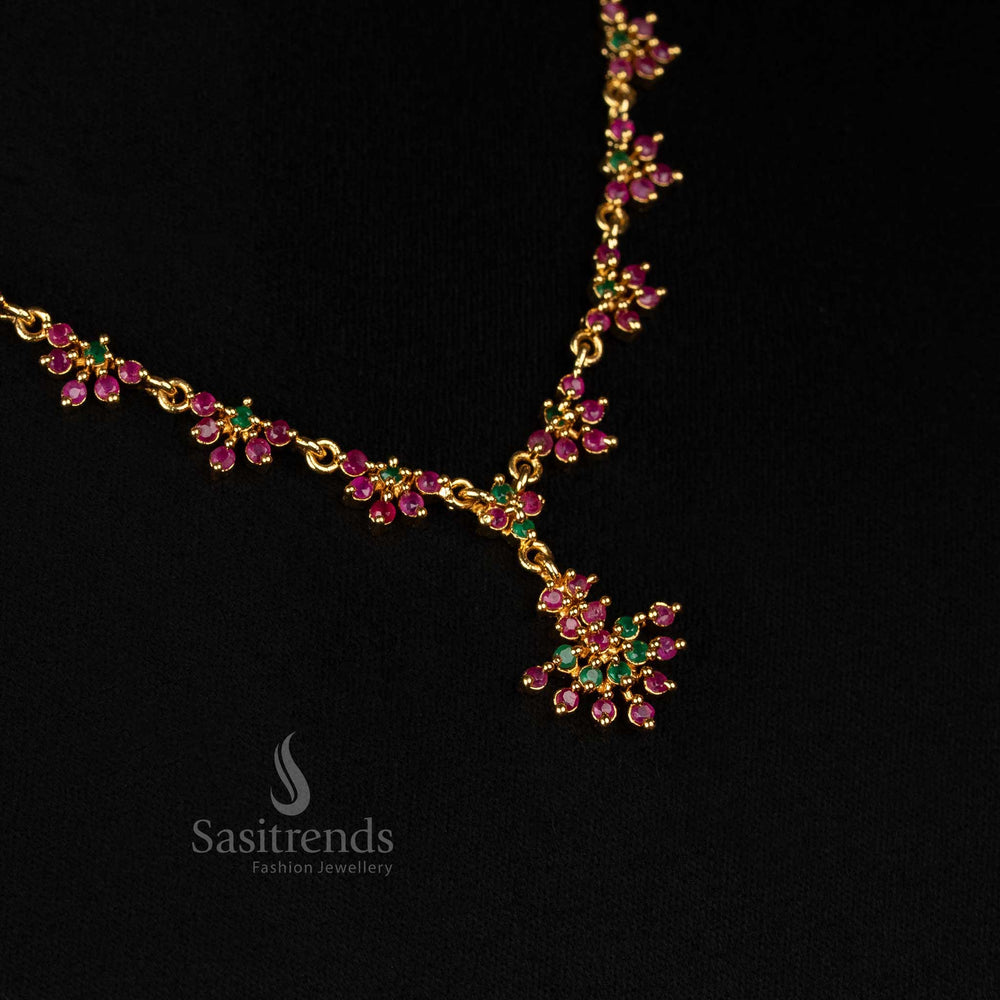 Traditional Ruby Green Stone Micro Gold Plated Floral Cluster Necklace Set With Glittering Dual Tone AD Border Jewellery - Sasitrends